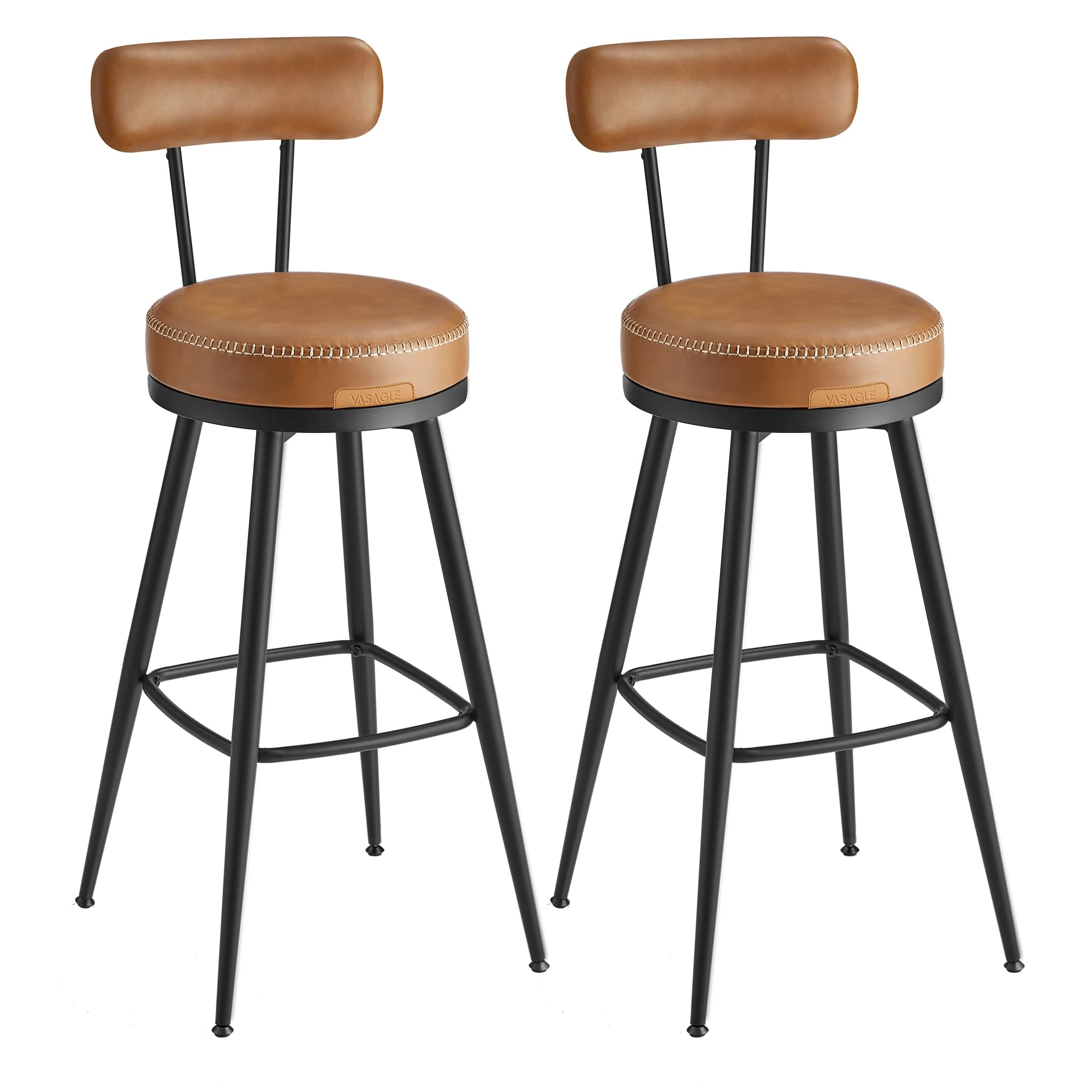 VASAGLE EKHO Collection - 360?Swivel Bar Stools Set of 2, Counter Chairs with Backs, Synthetic Leather with Stitching, Mid-Century Modern, 76 cm Tall, Kitchen Home Bar, Caramel Brown LBC889K88