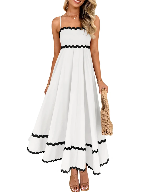 ZESICA Women's Summer Spaghetti Straps Sleeveless Backless Sundress Flowy Smocked Lace Swing A Line Midi Dress, White, M