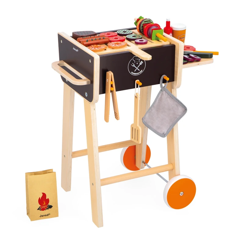 Janod - Wooden Barbecue - Children’s Pretend Play Cooking Set - Includes 57 Accessories - 2 Silent Wheels - 3 Years +, J06619