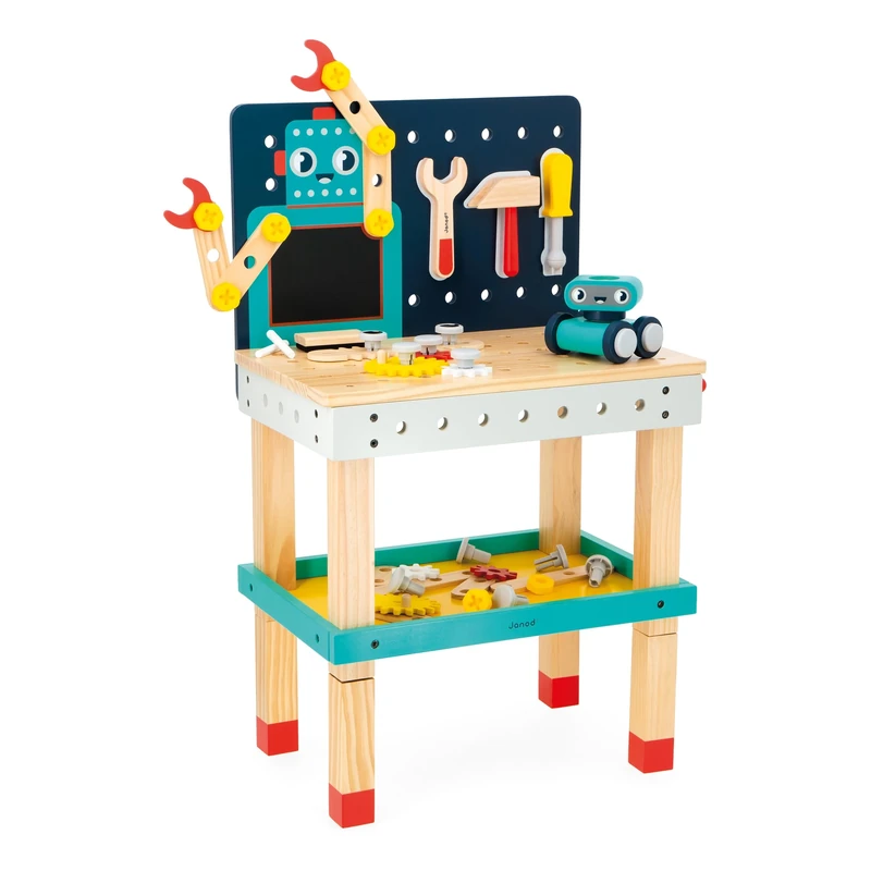 Janod - My First Construction Game - Large Robot Workbench - Kids DIY Game - 50 Pieces - Adjustable Height - Pretend Play - 3 Years + - J06457