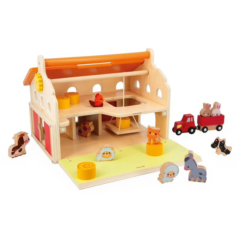 Janod - Children’s ‘My First Wooden Farmhouse’ - 16 Accessories - Children’s Pretend Play Toy - Develops Dexterity and Imagination - FSC Wood Toy - 24 Months +, J03318