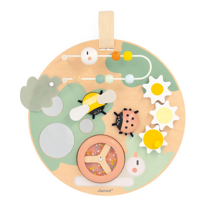 Janod - Sweet Cocoon Activity Panel - 7 Early-Years Activities - Early-Learning Toy - Develops Fine Motor Skills - FSC Wood Toy - Water-Based Paint - 12 Months +, J04057