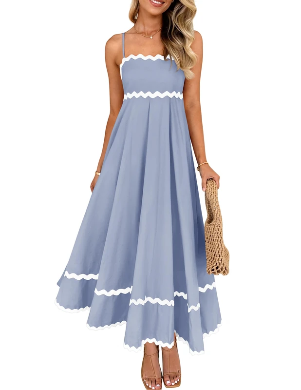 ZESICA Women's 2025 Summer Spaghetti Straps Sleeveless Backless Sundress Flowy Smocked Lace Swing A Line Midi Dress, Blue, S - Image 1
