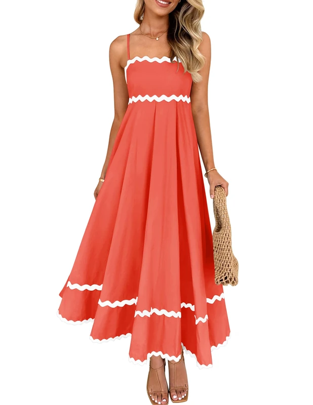 ZESICA Women's Summer Spaghetti Straps Sleeveless Backless Sundress Flowy Smocked Lace Swing A Line Midi Dress, Watermelon Red, M