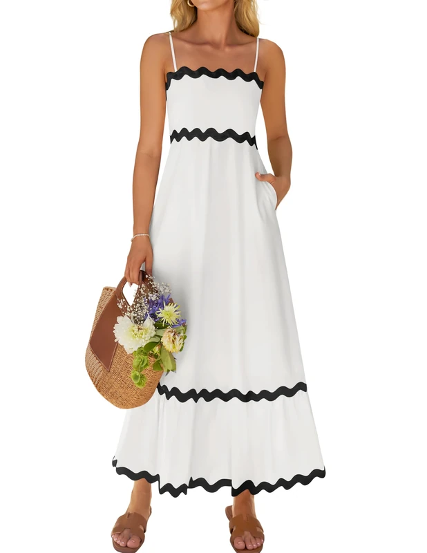 ZESICA Women's 2024 Summer Spaghetti Straps Sleeveless Backless Sundress Flowy Smocked Lace Swing A Line Midi Dress, White, L