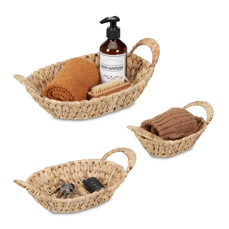 Relaxdays Storage Basket, Set of 3, for Bathroom, Living Room & Bedroom, Organiser, Woven Boxes, Water Hyacinth, Natural