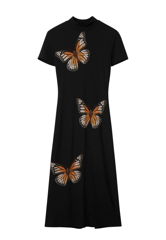 Desigual Women's Slim Midi Butterfly Dress, Black, S
