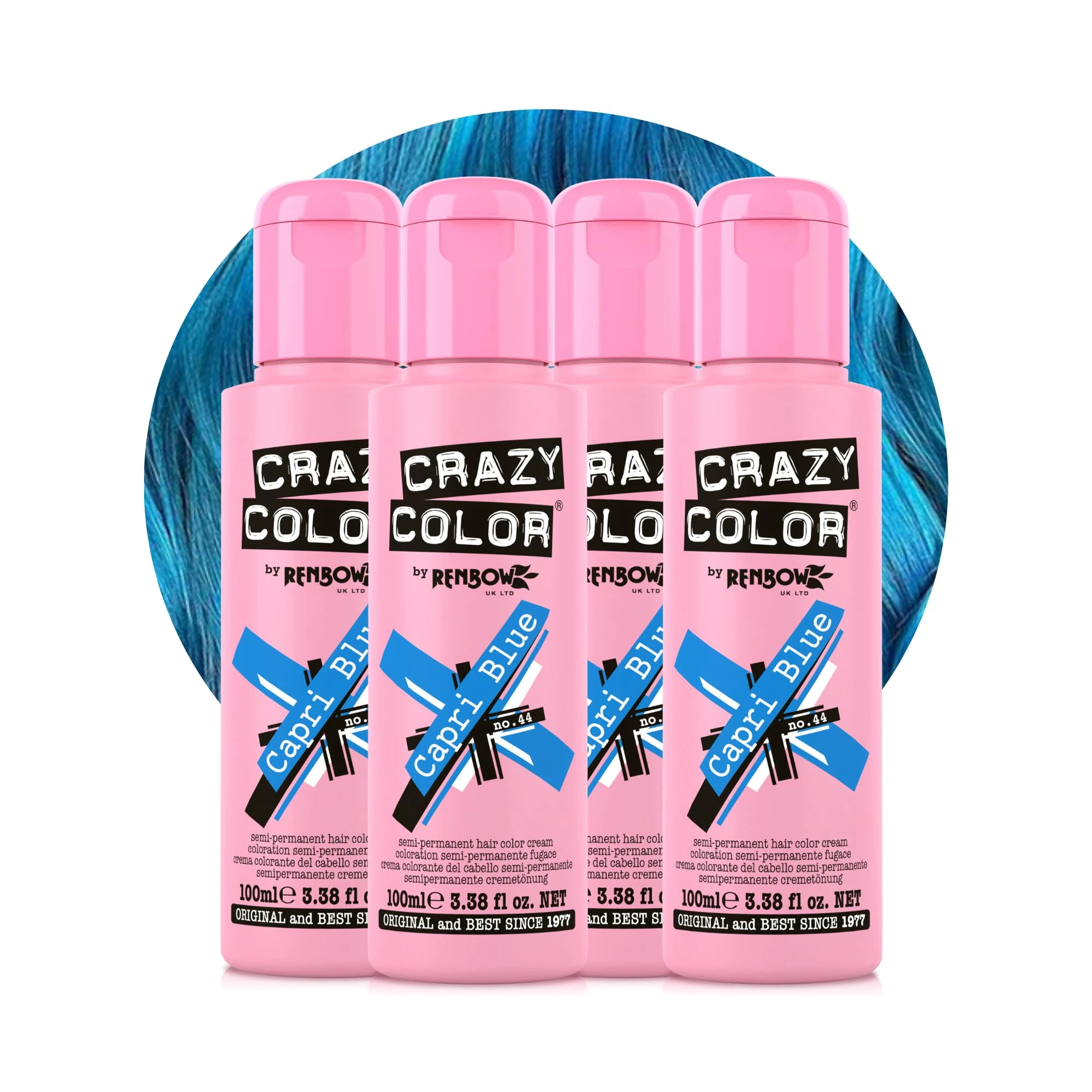 Crazy Color Vibrant Capri Blue Semi-Permanent 4 Pack Quad Hair Dye. Highly Pigmented Electric Blue Conditioning & Oil Nourishing Vegan Formula No Bleach or Ammonia 400ml