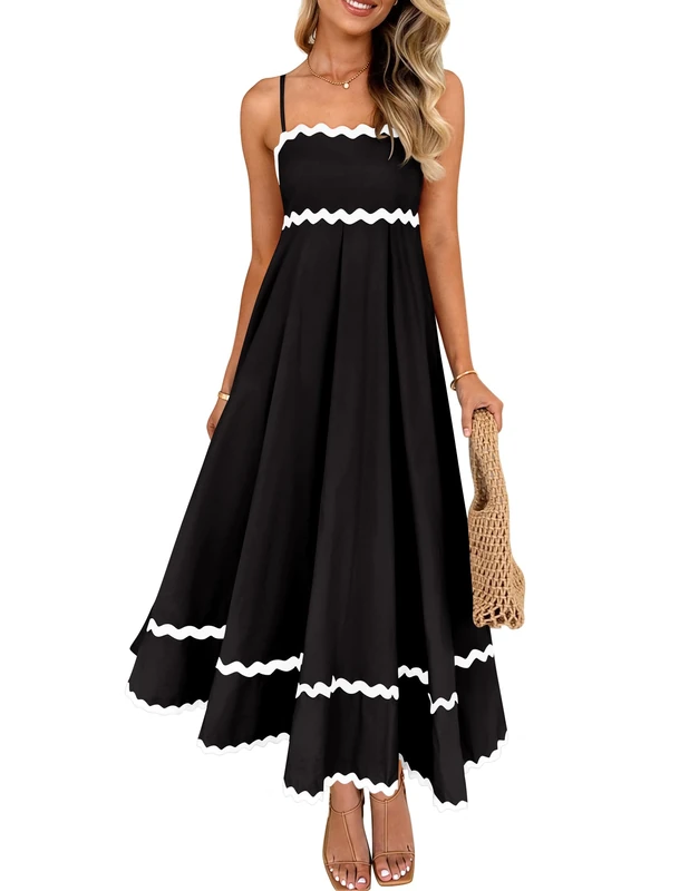 ZESICA Women's Summer Spaghetti Straps Sleeveless Backless Sundress Flowy Smocked Lace Swing A Line Midi Dress, Black, M