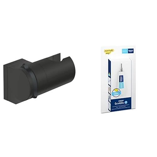 GROHE Vitalio Universal QuickFix & QuickGlue S - Adjustable Wall Holder for Hand Showers (Holding Force: Max. 20 kg, Including Screws and Dowels, Extra Easy to Fit), Matt Black, 261832431