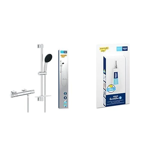 GROHE Precision Feel & QuickGlue S – Thermostat Shower Set (Round 11 cm Hand Shower 3 Sprays: Rain, Jet & Massage, Hose 1.75 m, Rail with Tray 60 cm, Safety Functions, Water Saving), Chrome, 34791001