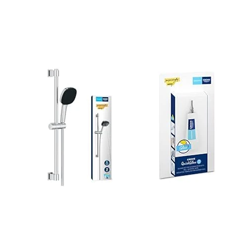 GROHE Vitalio Comfort 110 QuickFix & QuickGlue S - Shower Set (Square 11cm Hand Shower 2 Sprays: Rain & Jet, Hose 1.75m, Rail 60cm, Extra Water Saving), Extra Easy to Fit, Chrome, 2639810E
