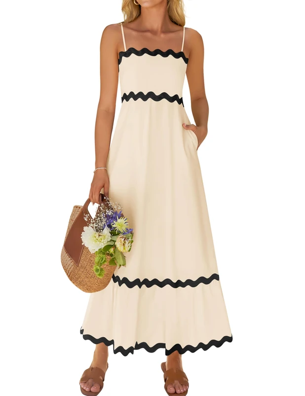 ZESICA Women's 2024 Summer Spaghetti Straps Sleeveless Backless Sundress Flowy Smocked Lace Swing A Line Midi Dress, Apricot, XL