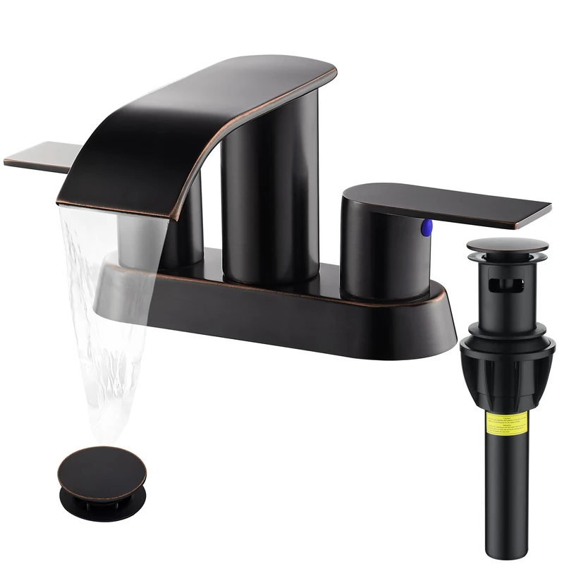 Waterfall Bathroom Sink Faucet 4 Inch Faucet 2 Handle Lead-Free Oil Rubbed Bronze, Bathroom Faucet with Pop Up Drain, 2 or 3 Holes Bathroom Basin Lavatory Mixer Tap with Deck Mount Plate