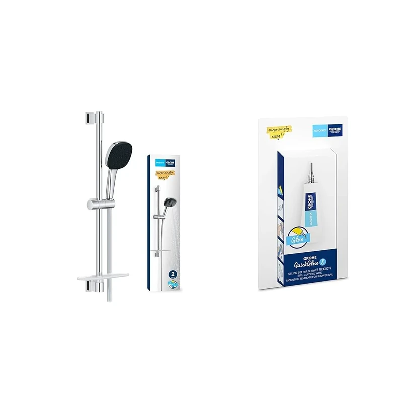 GROHE Vitalio Comfort 110 & QuickGlue S - Shower Set (Square 11 cm Hand Shower 2 Spray: Rain & Jet, Shower Hose 1.75m, Rail 60cm with Tray, Anti-Limescale System), Extra Easy to Fit, Chrome, 26929001