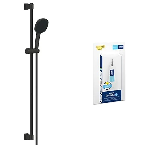 GROHE Vitalio Comfort 110 QuickFix & QuickGlue S - Shower Set (Square 11 cm Hand Shower 2 Sprays: Rain & Jet, Shower Hose 1.75 m, Rail 90 cm, Water Saving, Extra Easy to Fit), Matt Black, 269302431