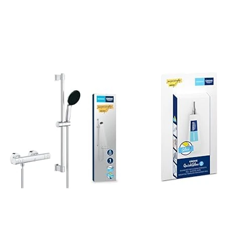 GROHE Precision Get & QuickGlue S - Thermostatic Shower Set (Round 11 cm Hand Shower 1 Spray: Rain, Hose 1.75 m, Shower Rail 60cm, Safety Functions, Water Saving, Screws & Dowels), Chrome, 34856000