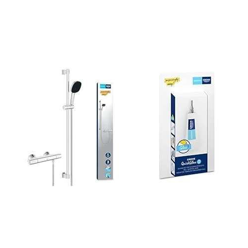 GROHE Precision Trend & QuickGlue S - Thermostat Shower Set (Square 11 cm Hand Shower 3 Sprays: Rain, Jet & Massage, Hose 1.75 m, Shower Rail 90 cm, Safety Functions, Water Saving), Chrome, 34855003