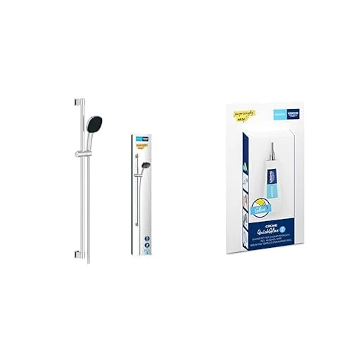 GROHE Vitalio Comfort 110 & QuickGlue S - Shower Set (Square 11 cm Hand Shower 2 Sprays: Rain & Jet, Shower Hose 1.75 m, Shower Rail 90 cm, Water Saving), Extra Easy to Fit, Chrome, 26930001