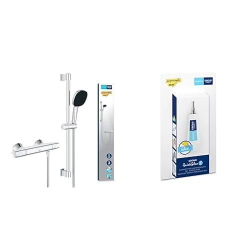 GROHE Precision Trend & QuickGlue S - Thermostat Shower Set (Square 11 cm Hand Shower 3 Sprays: Rain, Jet & Massage, Hose 1.75 m, Shower Rail 60 cm, Safety Functions, Water Saving), Chrome, 34237003