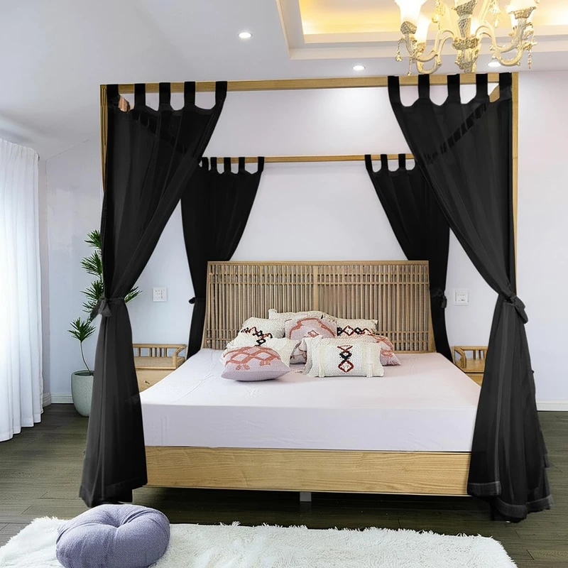 Linentalks Sheer Canopy Bed Curtains - Queen, Full & Twin, 4 Corner Canopies & Drapes, Four Poster Bed Canopy Curtains, Black - Image 1