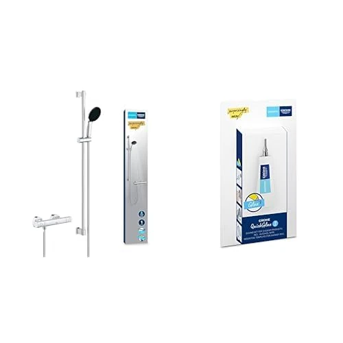 GROHE Precision Get & QuickGlue S - Thermostatic Shower Set (Round 11 cm Hand Shower 1 Spray: Rain, Hose 1.75 m, Shower Rail 90cm, Safety Functions, Water Saving, Screws & Dowels), Chrome, 34857000