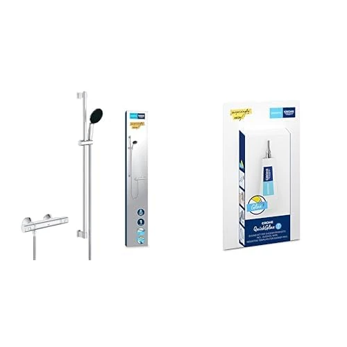 GROHE Precision Start & QuickGlue S - Exposed Thermostat Shower Set (Round 11 cm Hand Shower 1 Spray: Rain, Shower Hose 1.75 m, Shower Rail 90 cm, Safety Functions, Water Saving), Chrome, 34854001