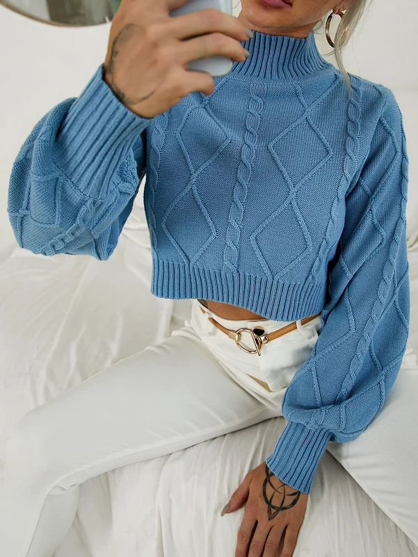 AlexandreHouse Redsyn Women's Sweater Funnel Neck Cable Knit Lantern Sleeve Sweater Sweater for Women (Color : Dusty Blue, Size : Medium) - Image 1