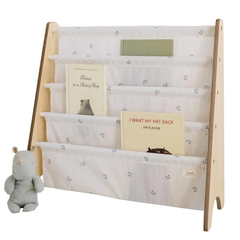 3 Sprouts Recycled Fabric Kids Bookshelf – 4-Tier Sling Book Rack Storage - Kids Room Book Shelves, Nursery, Playroom, Classroom - Bookcase Display Shelf for Toddler, Children Age 3+ - Blueberry Ivory
