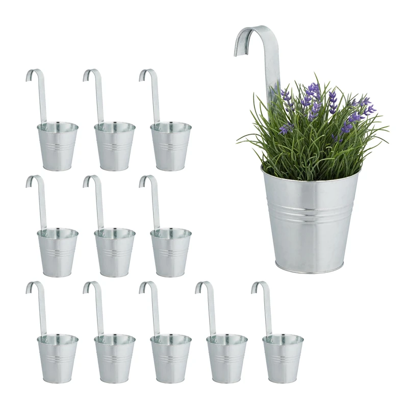 Relaxdays Hanging Pots, Set of 12, Metal Balcony Planters, HWD: 30 x 13 x 20 cm, Galvanised Garden Flowerpots, Silver, Iron