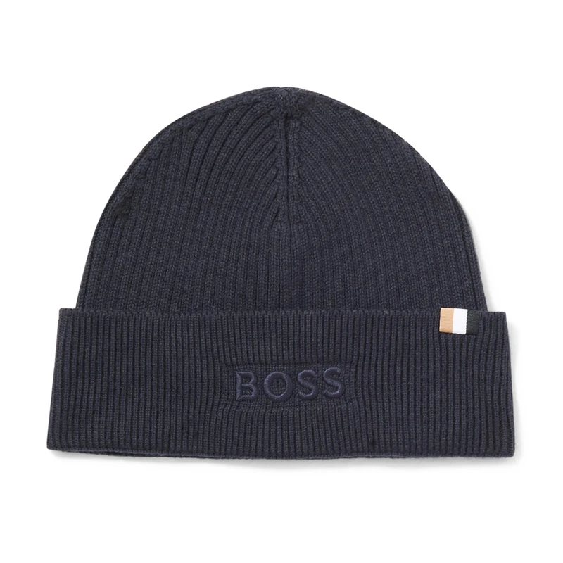 BOSS Men's Magico Ribbed Mixed Material Beanie Hat, Navy, One Size - Image 1