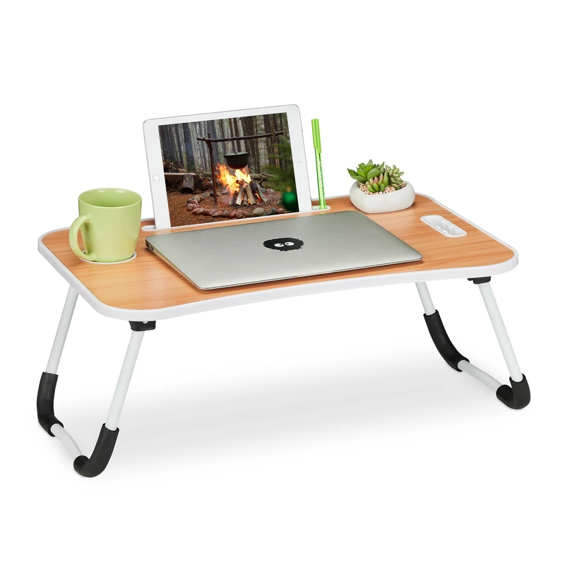 Relaxdays Laptop Stand, Foldable, Bed Table, Work from Home Desk, Notebook, HxWxD: 26 x 63 x 40 cm, Light Brown/White