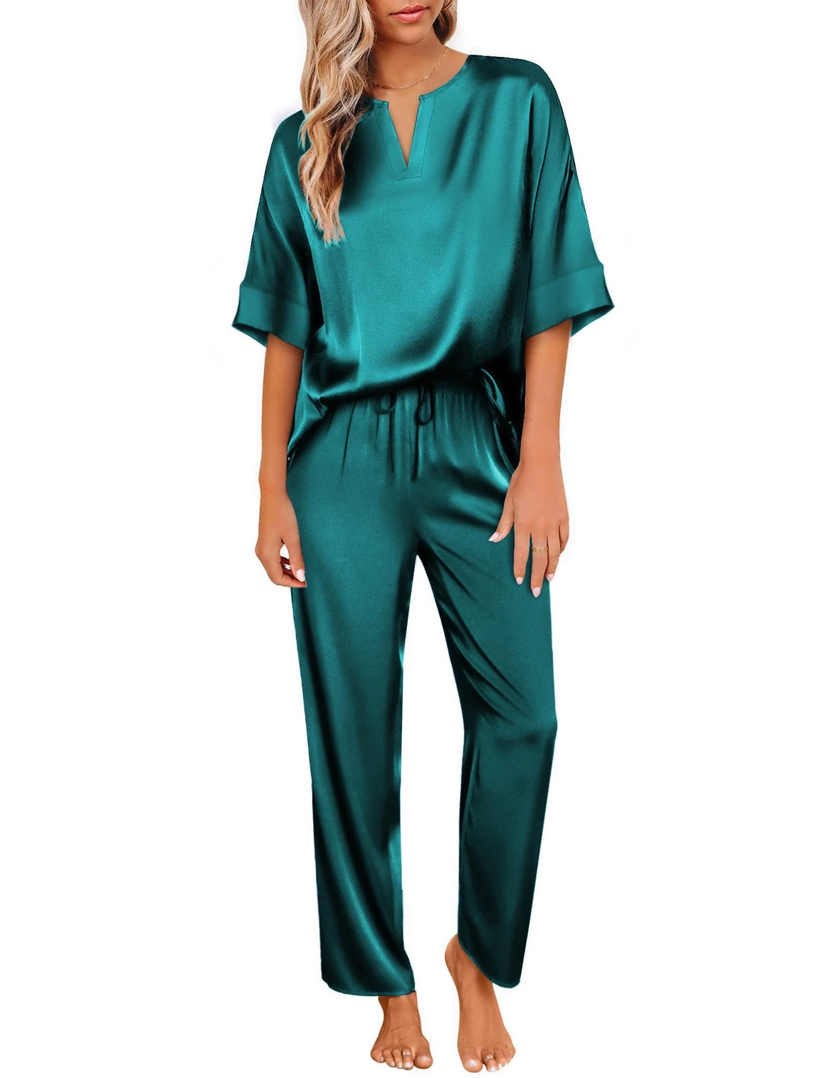 Ekouaer Womens Pyjamas Silk Short Sleeve Top and Long Pajama Pants Pjs Set Soft Nightwear Sleepwear,Blue Green,XL