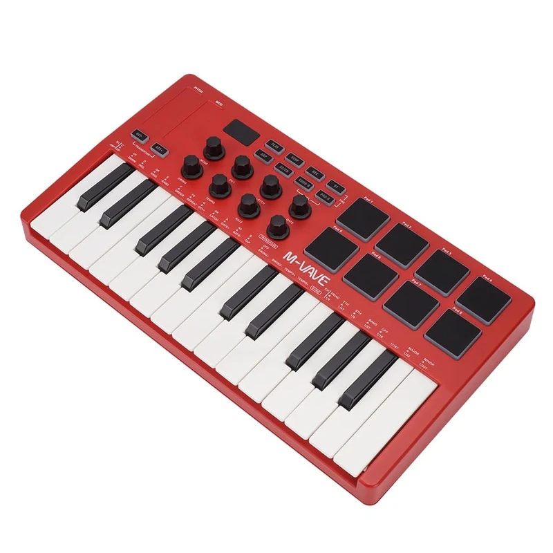 M-VAVE SMK-25RD - 25 Key USB MIDI Keyboard Controller with 8 Backlit Drum Pads, Bluetooth, 8 Keys, Professional Dynamic Keys, Red