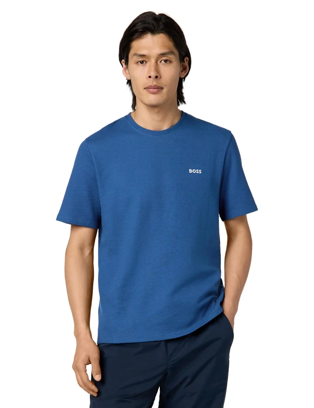 BOSS Men's Waffle Contrast Logo Short-Sleeve T-Shirt Pajama Top, Dark Sapphire Blue, Medium