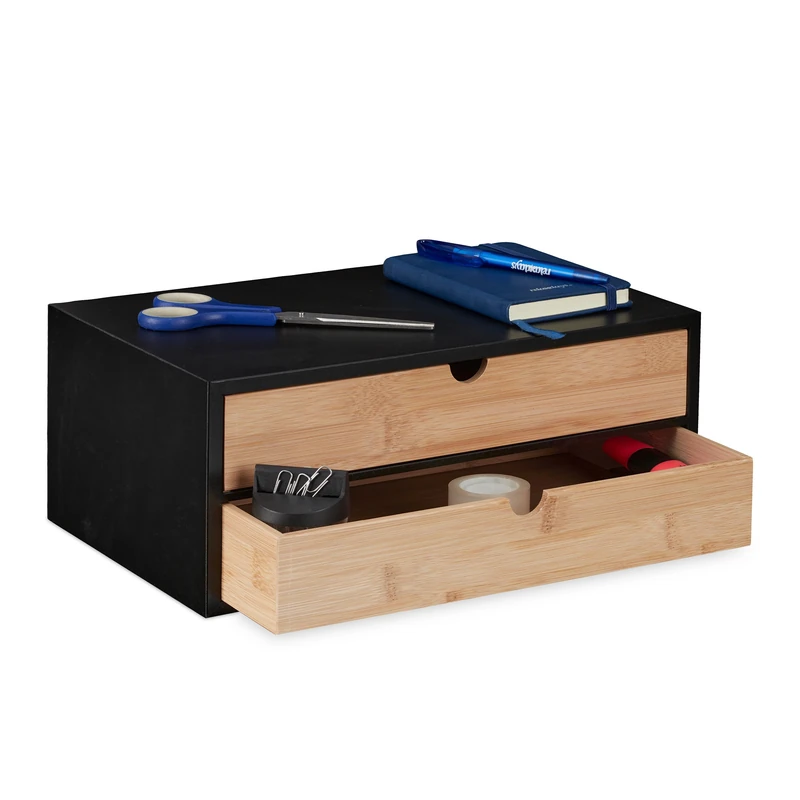 Relaxdays Desk Organiser, 2 Drawers, Bamboo & MDF, HxWxD: 14 x 33 x 21 cm, Office Stationary Box, Storage, Natural/Black