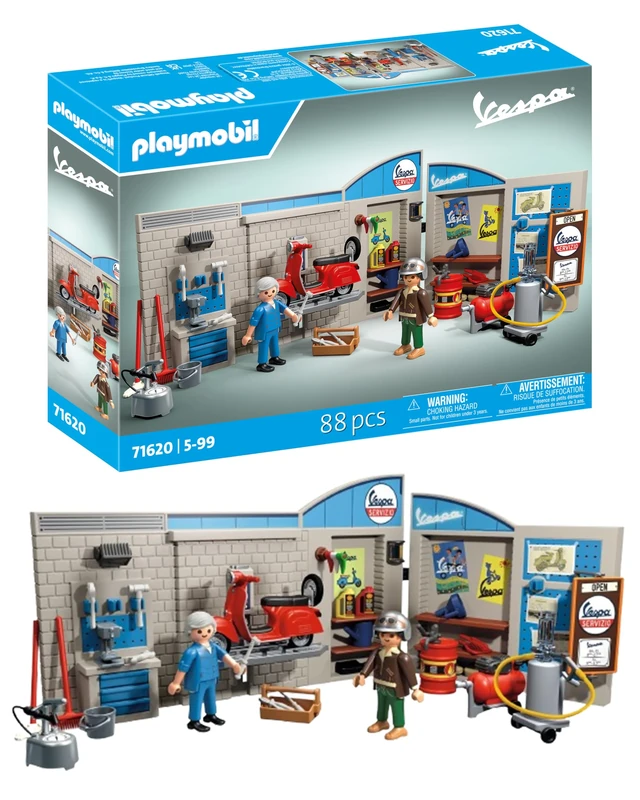 Playmobil 71620 Cars: 60s Vespa Garage, including movable lifting platform, with versatile accessories for an authentic workshop, for vehicle enthusiasts, children and adults