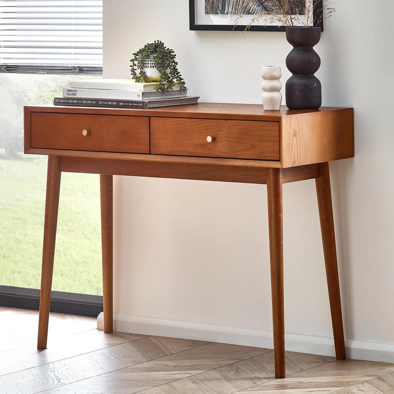 Julian Bowen Lowry Writing Desk with 2 Drawers, Wood, Cherry Ash, 80 x 100 x 45cm