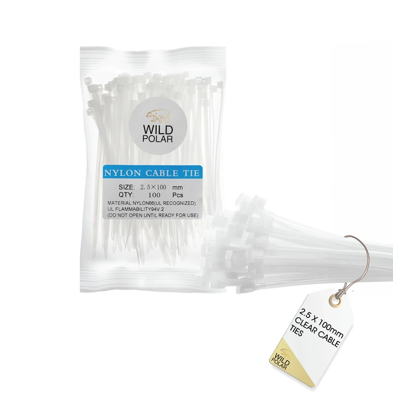 Wild Polar Strong Self-Locking Cable Ties Clear/White - Pack of 100 Nylon Small Zip Ties for Cable Management - Durable Plastic Ties for Home, Office & Outdoor, 100mm x 2.5mm