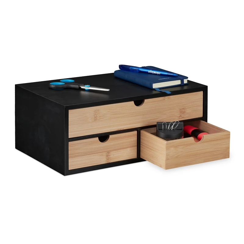 Relaxdays Desk Organiser, 3 Drawers, Bamboo & MDF, HWD: 13.5 x 33 x 21 cm, Office Stationary Box, Storage, Natural/Black