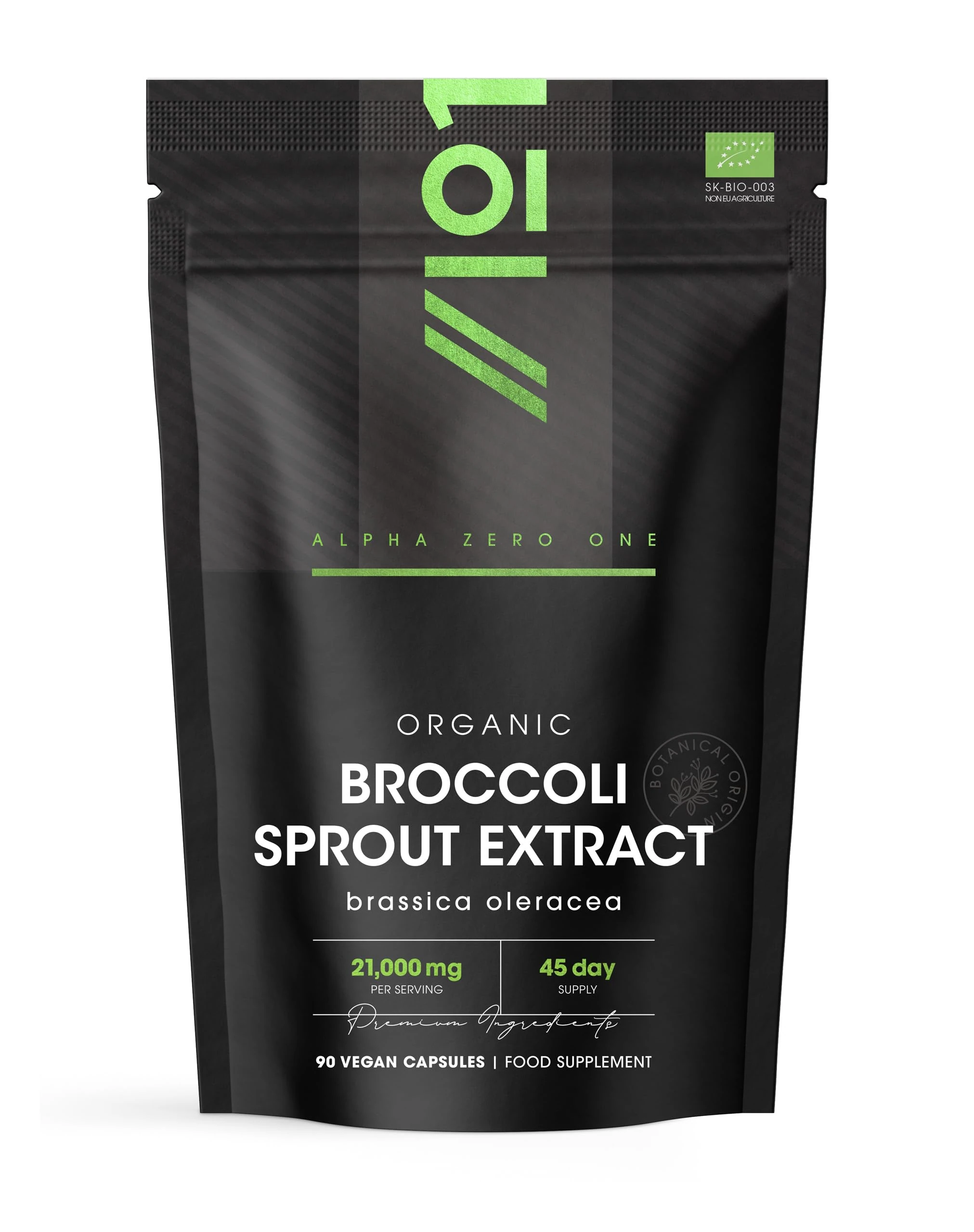 Organic Broccoli Sprout Extract 21,000mg - 90 Vegan Capsules - High Strength 15:1 Brassica Oleracea Supplement Extract - Resealable and Recyclable Pouch - by Alpha01