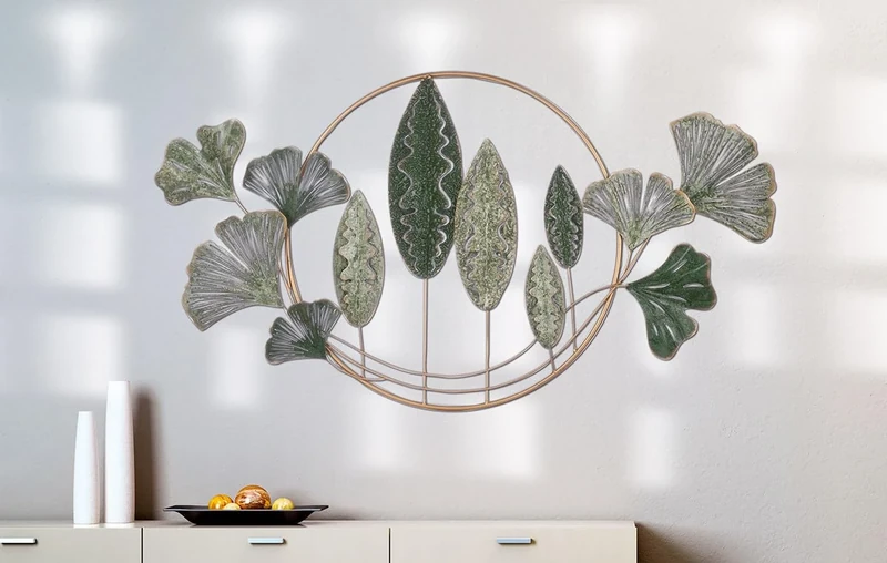GILDE Wall Relief Ginkgo Wreath Metal Green Wiped Shiny Ginkgo Motif 60 x 120 x 5 cm Wall Decoration Art Decoration Living Room