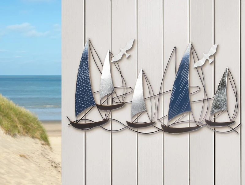 GILDE Regatta Wall Relief Metal in Blue and Silver, Shiny, Boat Shape, 49 x 91 x 4 cm, Wall Decoration, Art Decoration, Maritime