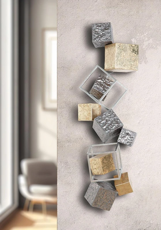 GILDE Wall Relief Cubes Metal Anthracite Gold Brushed Hammered 92 x 30 cm Metallic Look Decoration Art Design Home Accessory