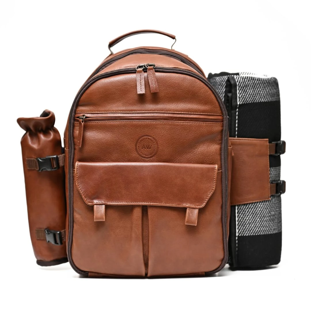 Argali Wines Premium Collection Genuine Leather Picnic Backpack for 4 | Insulated Compartment | Blanket | Dinner Plates | Cutlery Set | Luxury & Style | Ideal Gift for Women and Men (Brown)