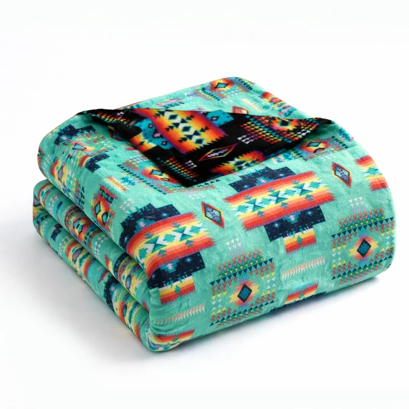 Sacred Thread Aztec Blanket Fleece, Reversible Native American Blanket, Western Throw, Native American Western (Teal Flannel), Queen (79”x95”)