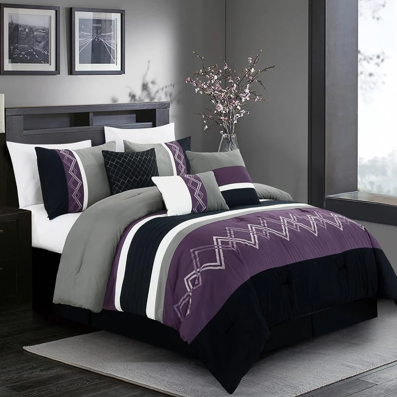 Chezmoi Collection Arden 7-Piece Modern Pleated Stripe Embroidered Zigzag Bedding Comforter Set (Oversized King, Purple/Black/Gray/White)