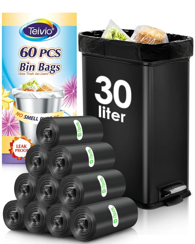 30 Liter 60 Counts Strong Trash Bags Garbage Bags by Teivio, Bathroom Trash Can Bin Liners, Medium Plastic Bags for home office kitchen, Black