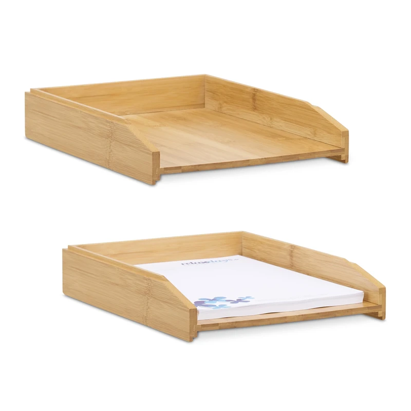Relaxdays Letter, Set of 2, Made of Bamboo, DIN A4 Size, Stackable Document Tray, for Desk and Office, Natural, 6 x 25 x 33 cm