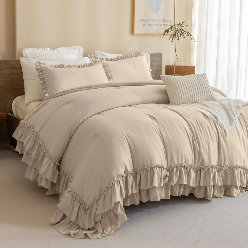 Masaca Ruffled Comforter Set Queen,3-Piece Farmhouse Shabby Boho Chic Bedding,Ultra Soft Linen Feel Textured Bed Comforter Set (1 Ruffle Comforter+2 Pillow Shams)